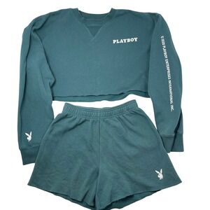 PacSun Playboy 2020 Womens Cropped Sweatshirt  Sweat Shorts Set M/XS Teal Skater